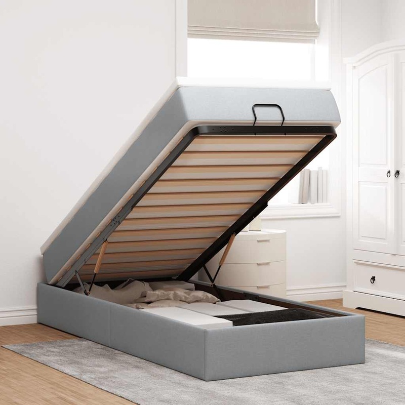 Cadre de lit ottoman et matelas gris clair 100x200 cm tissu