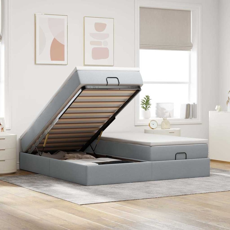 Cadre de lit ottoman et matelas gris clair 200x200cm tissu