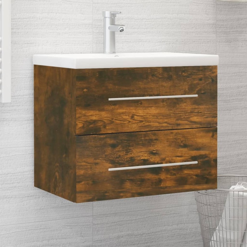 Meuble lavabo avec bassin intgr Chne fum Bois d'ingnierie