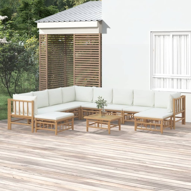 Salon de jardin 11 pcs avec coussins blanc crme bambou