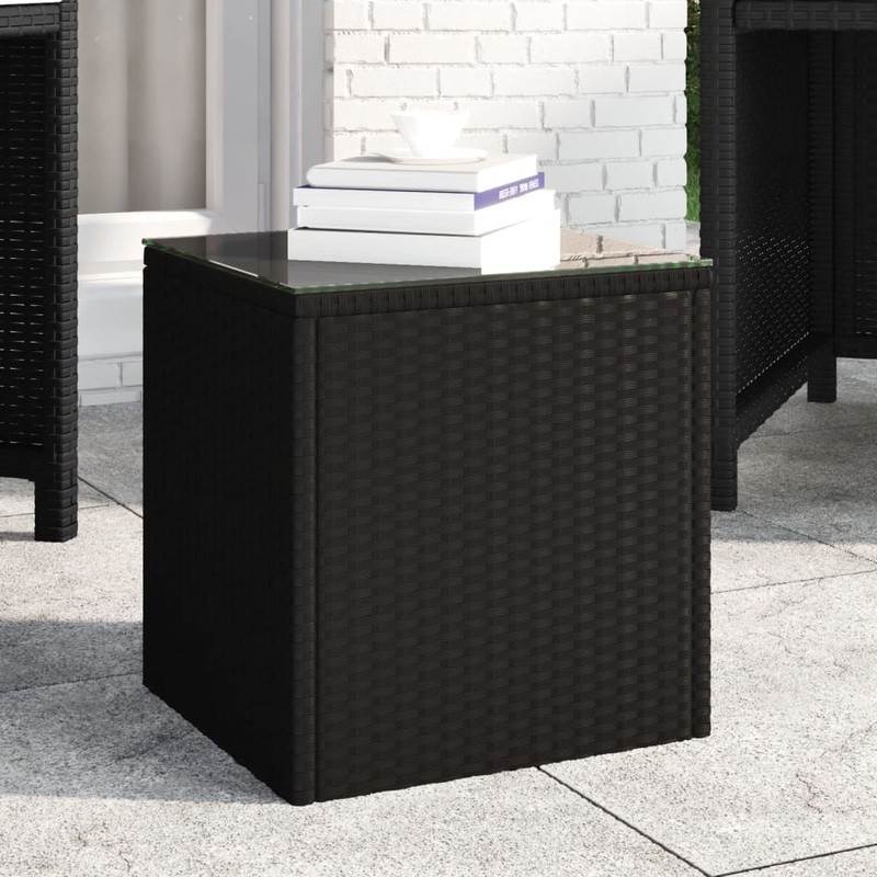 Table d'appoint noir 40x37x40,5 cm poly rotin et verre tremp