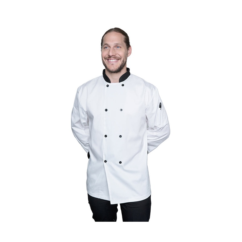 Blackwood Black Contrast Chef Jacket, Short Sleeves, Black Buttons, Extra Small, Poly Cotton, White, FINAL SALE