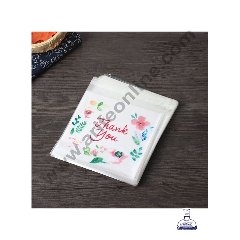 CAKE DECOR  Floral Thank you Mini Packaging Bags | Cellophane Small Bags | Transparent Cookie Bags Cookie Pouch for Candy,Cookies and Biscuits Packaging | Self Adhesive | 100 Pcs