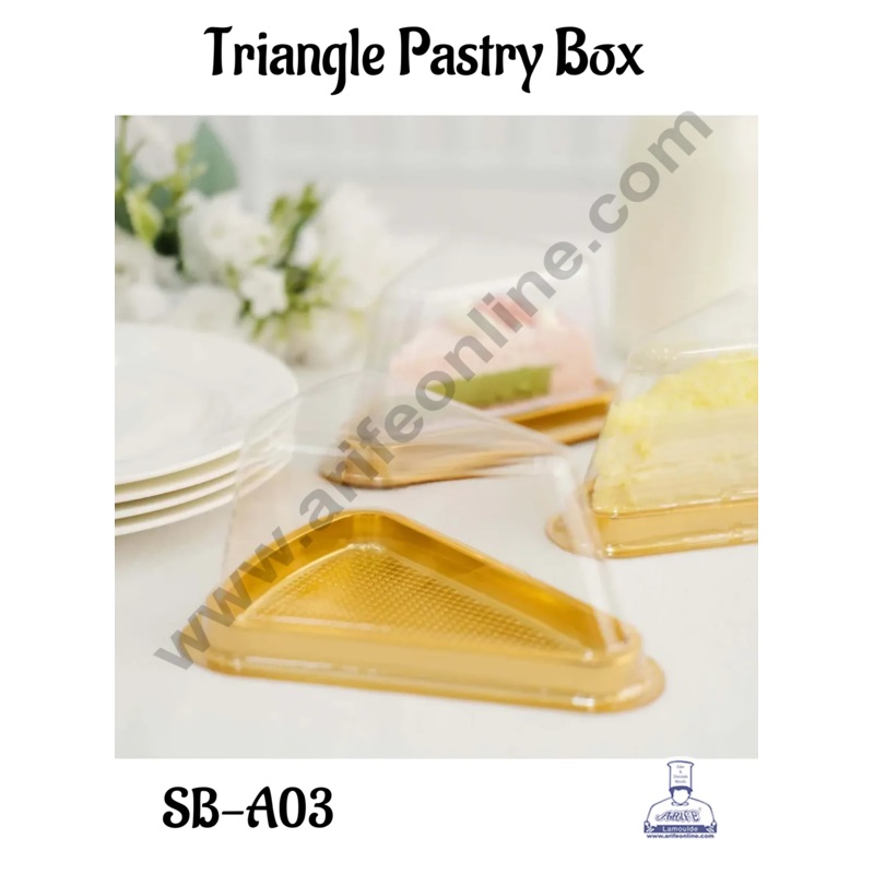 CAKE DECOR Gold Base PVC Triangle Pastry box with Clear Lid | Slice Box | Dessert Package | Pastry box - (5 Pcs Pack)