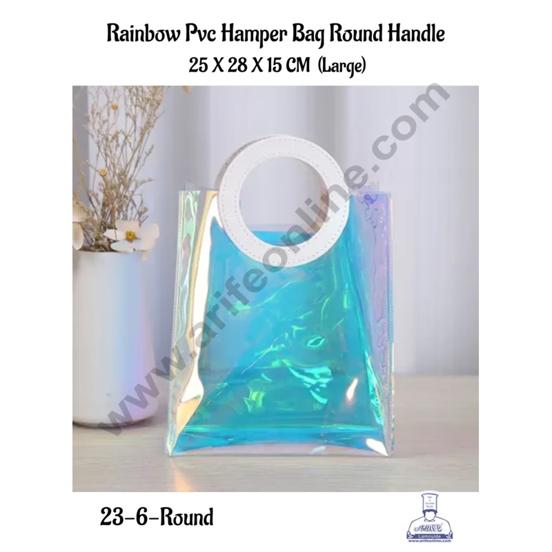 CAKE DECOR Large Round Handle Rainbow PVC Hamper Bag with PU Leather Handle for Gift or Present Packaging | Gift Box | Gift Bag with Handle | 1 piece Bag