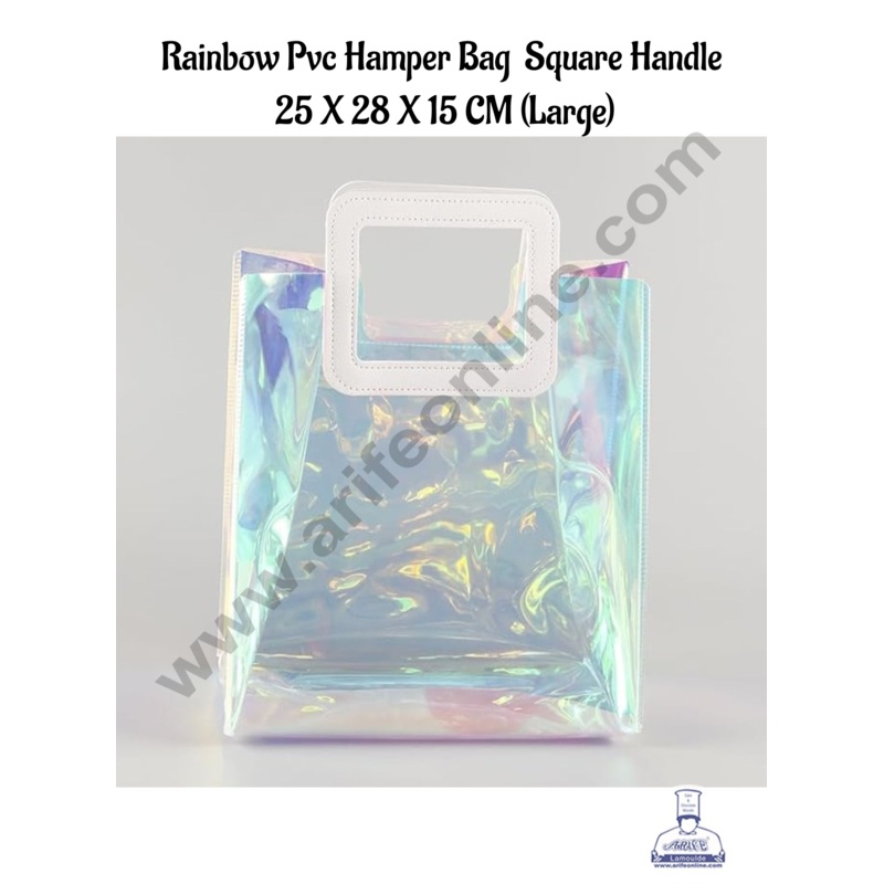 CAKE DECOR Large Square Handle Rainbow PVC Hamper Bag with PU Leather Handle for Gift or Present Packaging | Gift Box | Gift Bag with Handle| 1 piece Bag