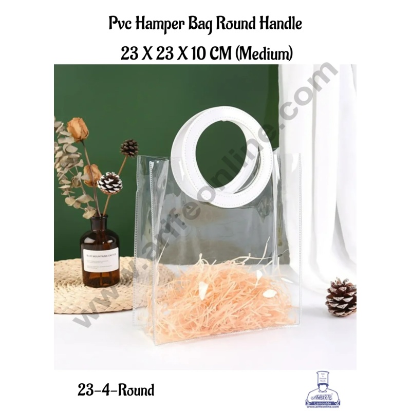 CAKE DECOR Medium Round Handle PVC Transparent Bag with PU Leather Handle for Gift or Present Packaging | Gift Box | Gift Bag with Handle| 1 piece Bag