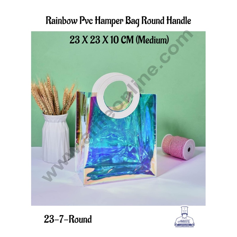 CAKE DECOR Medium Round Handle Rainbow PVC Hamper Bag with PU Leather Handle for Gift or Present Packaging | Gift Box | Gift Bag with Handle | 1 piece Bag