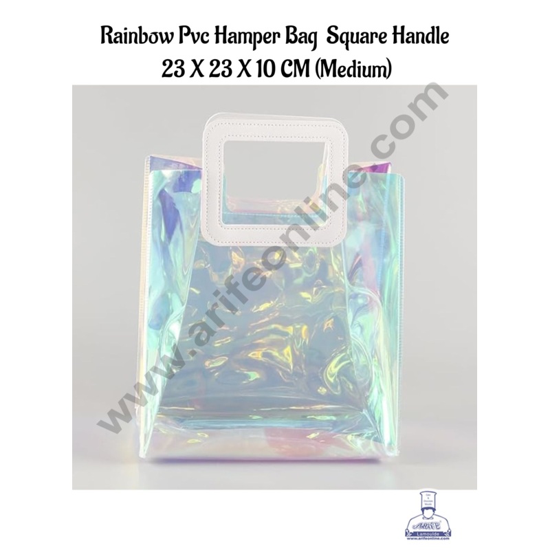 CAKE DECOR Medium Square Handle Rainbow PVC Hamper Bag with PU Leather Handle for Gift or Present Packaging | Gift Box | Gift Bag with Handle | 1 piece Bag