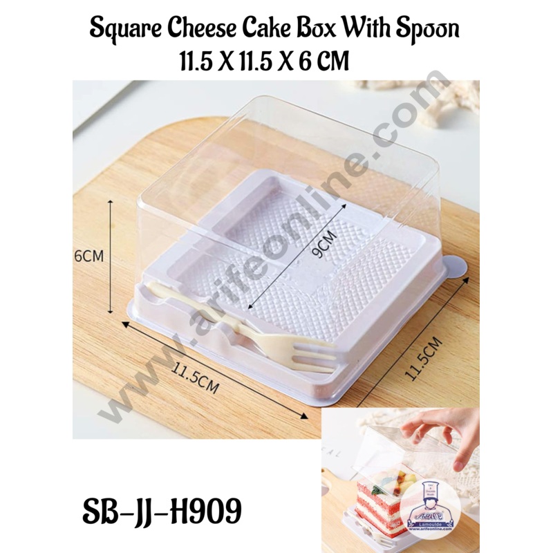 CAKE DECOR PVC Square Cheese Cake Box With Spoon  | Dessert Packaging | Cheese Cake box ( 11.5 X 11.5 X 6 cm) - (5 Pcs Pack)