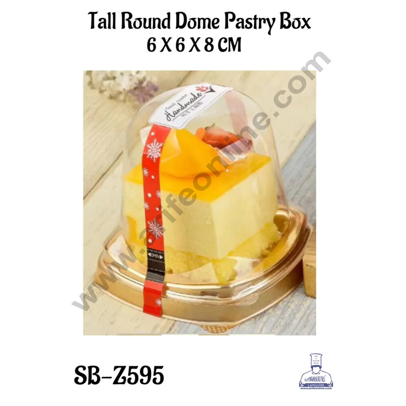 CAKE DECOR  PVC Tall Dome Pastry Box With Golden Base | Dessert Packaging - 2.5 inch (10 Pcs Pack)