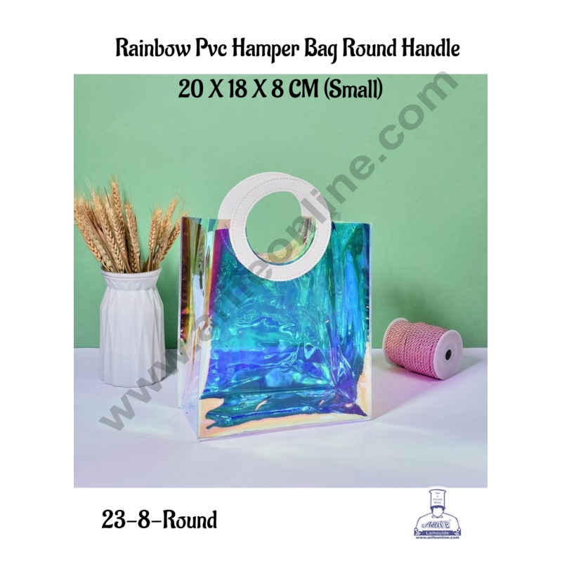CAKE DECOR Small Round Handle Rainbow PVC Hamper Bag with PU Leather Handle for Gift or Present Packaging | Gift Box | Gift Bag with Handle | 1 piece Bag