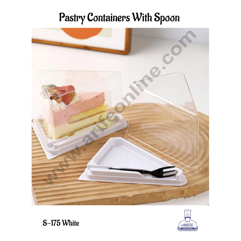 CAKE DECOR White Base PVC Triangle Pastry box with Spoon | Slice Box | Dessert Package | Pastry box - (5 Pcs Pack)