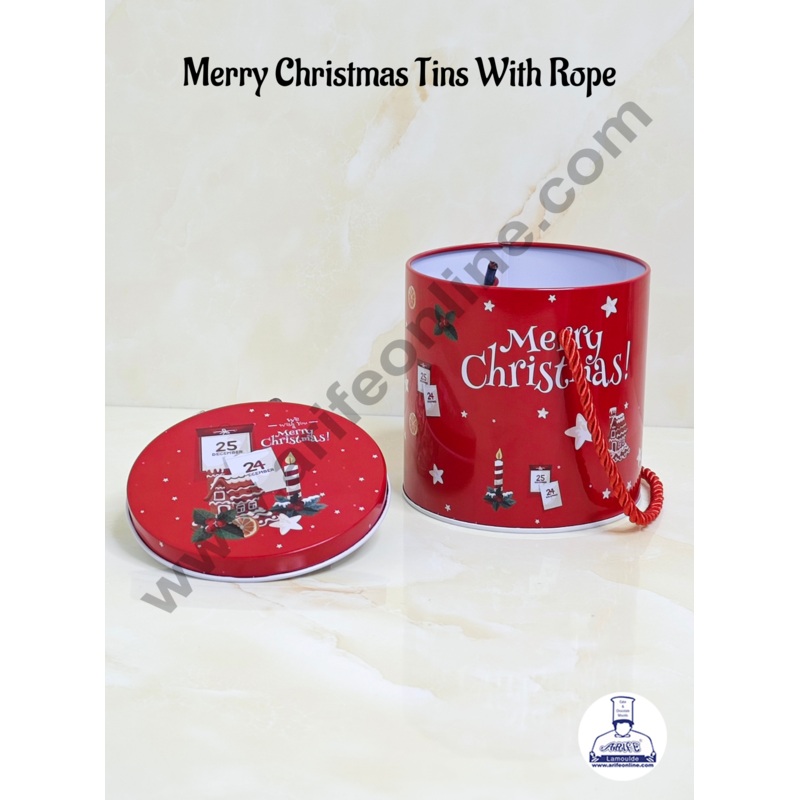 Merry Christmas Tins | Round Storage Containers Tins | Tin Holders Box with Rope & Lids | Random Pattern