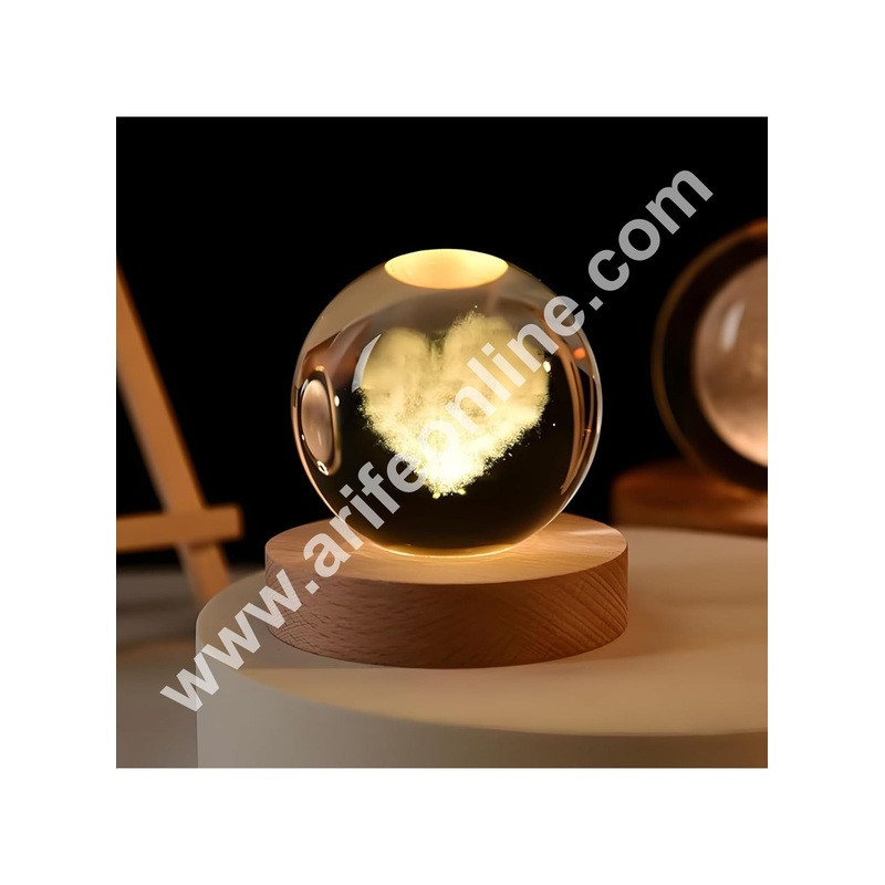 3D Crystal Heart Ball Night Lamp | USB Table LED with Wooden Stand for Home Office Christmas Decoration | Birthday Gift | Cake Decoration