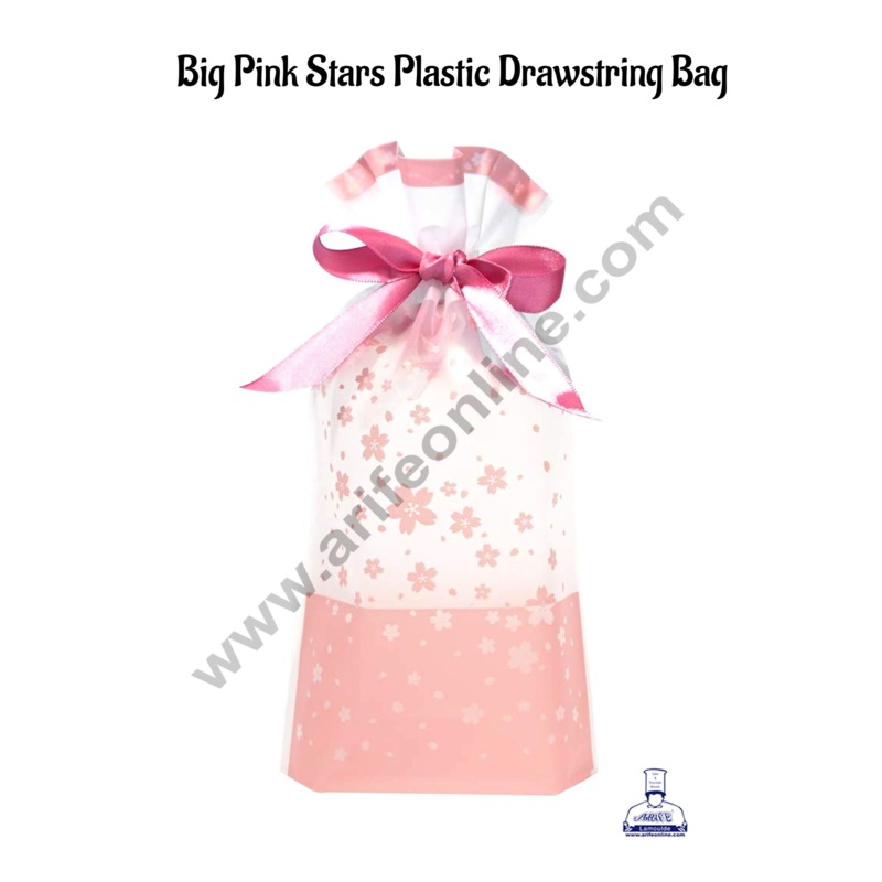 Cake Decor  Big Pink Stars Plastic Drawstring Bag Treat With Ribbon (10 pc)