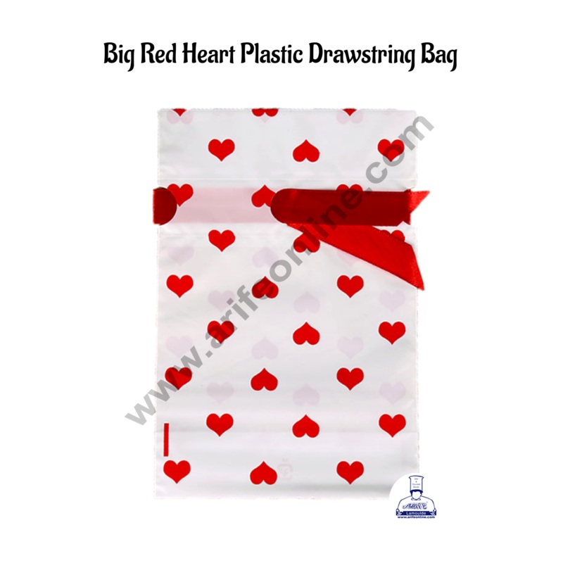 Cake Decor  Big Red Heart Plastic Drawstring Bag Treat With Ribbon Cookie Snack Candy Birthday Party and Gift (Pack of 10)
