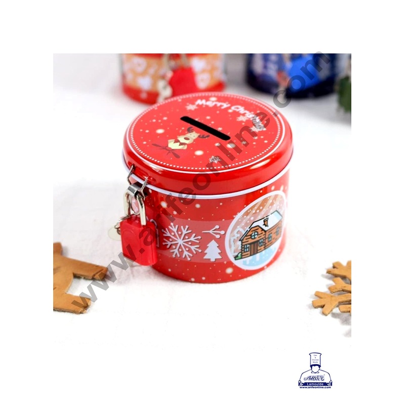 CAKE DECOR  Christmas Design Coin Storage Box | Cute Piggy Bank Round Piggy Bank with Metal Lock Key