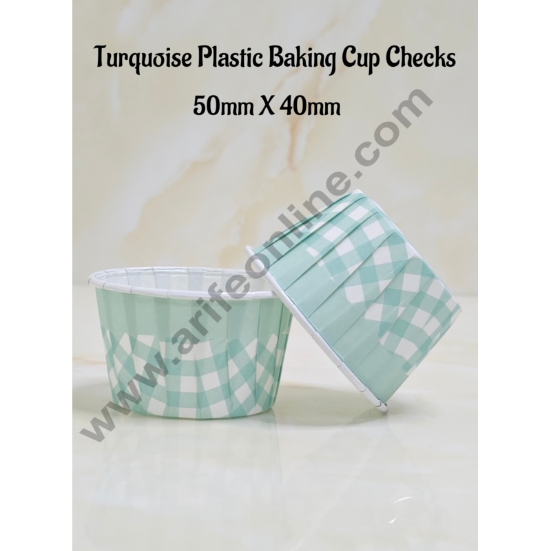 Cake Decor  Plastic Baking Cup Checks Direct Bake-able Paper Muffin Cups - Turquoise Checks (100 Pcs)