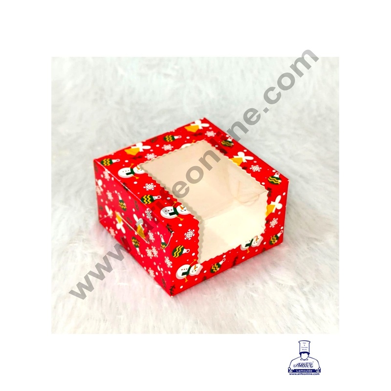 CAKE DECOR  Red Christmas design 1 Cavity Brownie Boxes with Clear Window | Brownie Carriers - 10 Pcs Pack