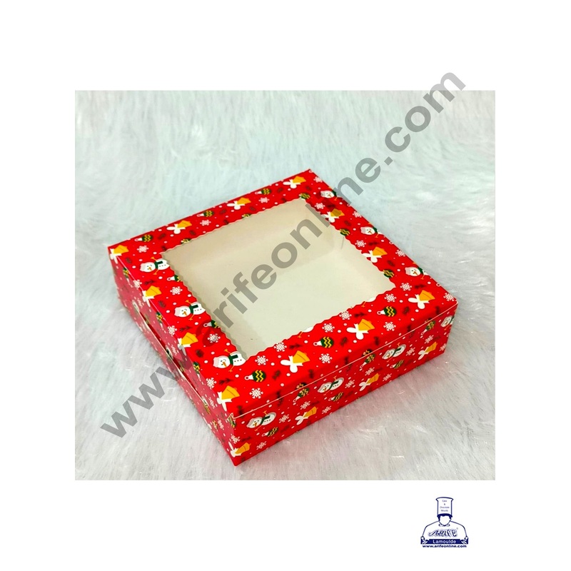 CAKE DECOR  Red Christmas design 4 Cavity Brownie Boxes with Clear Window | Brownie Carriers - 10 Pcs Pack