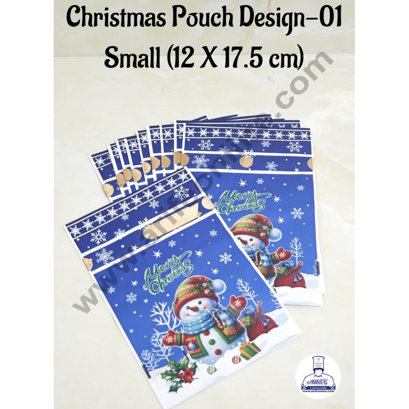 Cake Decor  Small Blue Color Christmas Theme Cookie pouch Plastic Drawstring Bag Treat With Ribbon | Design - 01 | Pack of 10 | (12cm X 17.5cm)