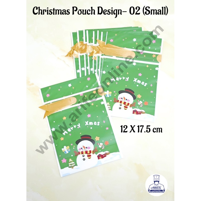 Cake Decor  Small Green Color Christmas Theme Cookie pouch Plastic Drawstring Bag Treat With Ribbon | Design - 02 | Pack of 10 | (12cm X 17.5cm)