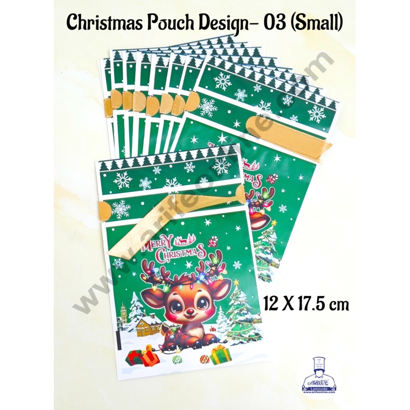 Cake Decor  Small Green Color Christmas Theme Cookie pouch Plastic Drawstring Bag Treat With Ribbon | Design - 03 | Pack of 10 | (12cm X 17.5cm)