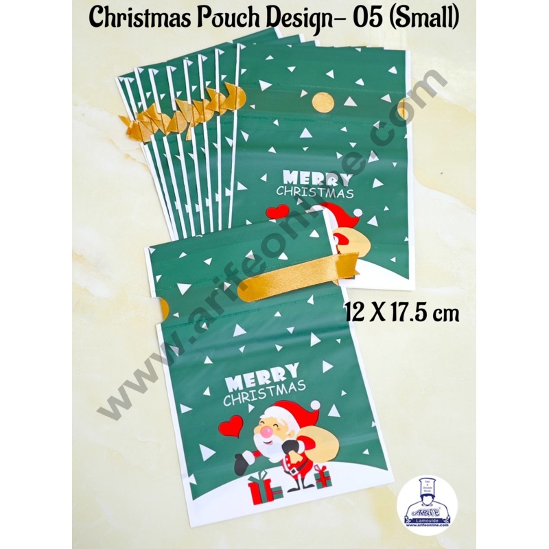 Cake Decor  Small Green Color Christmas Theme Cookie pouch Plastic Drawstring Bag Treat With Ribbon | Design - 05 | Pack of 10 | (12cm X 17.5cm)