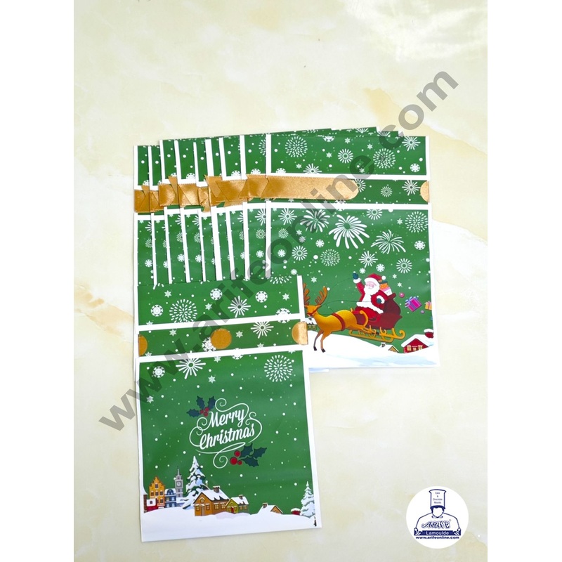 Cake Decor  Small Green Color Christmas Theme Cookie pouch Plastic Drawstring Bag Treat With Ribbon | Design - 08 | Pack of 10 | (12cm X 17.5cm) Small