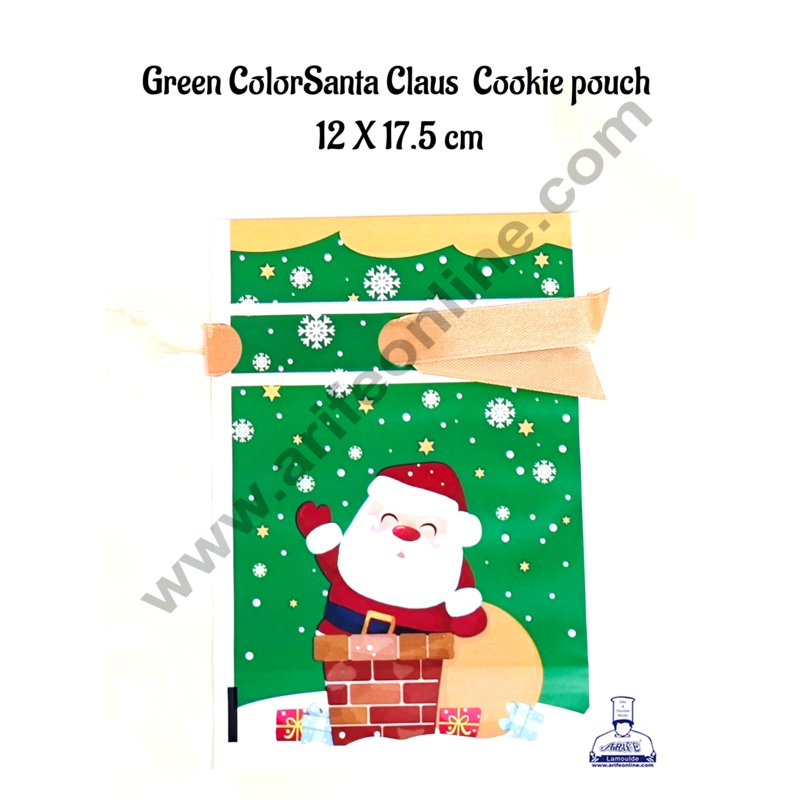 Cake Decor   Small Green Color Santa Claus  Cookie pouch Plastic Drawstring Bag Treat With Ribbon | Cookie Snack Candy Birthday Party and Gift (Pack of 10)(12cm X 17.5cm)