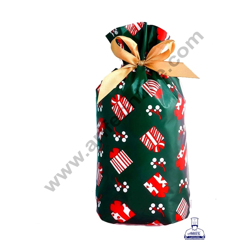 Cake Decor  Small Green Red Gifts Boxes Christmas Theme Plastic Drawstring Bag Treat With Ribbon | Cookie Snack Candy Birthday Party and Gift (Pack of 10)(12cm X 17.5cm)