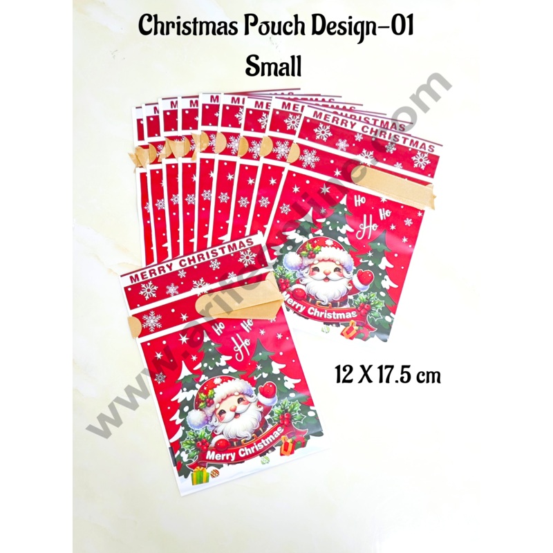 Cake Decor  Small Red Color Christmas Theme Cookie pouch Plastic Drawstring Bag Treat With Ribbon | Design - 01 | Pack of 10 | (12cm X 17.5cm)