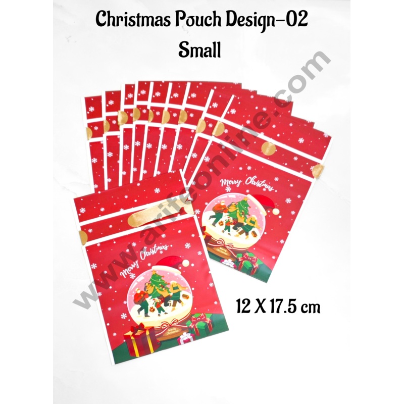 Cake Decor  Small Red Color Christmas Theme Cookie pouch Plastic Drawstring Bag Treat With Ribbon | Design - 02 | Pack of 10 | (12cm X 17.5cm)