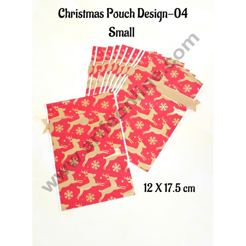 Cake Decor Small  Red Color Christmas Theme Cookie pouch Plastic Drawstring Bag Treat With Ribbon | Design - 04 | Pack of 10 | (12cm X 17.5cm)