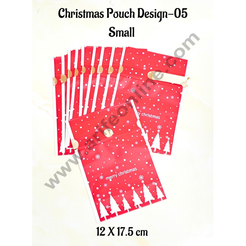 Cake Decor  Small Red Color Christmas Theme Cookie pouch Plastic Drawstring Bag Treat With Ribbon | Design - 05 | Pack of 10 | (12cm X 17.5cm)