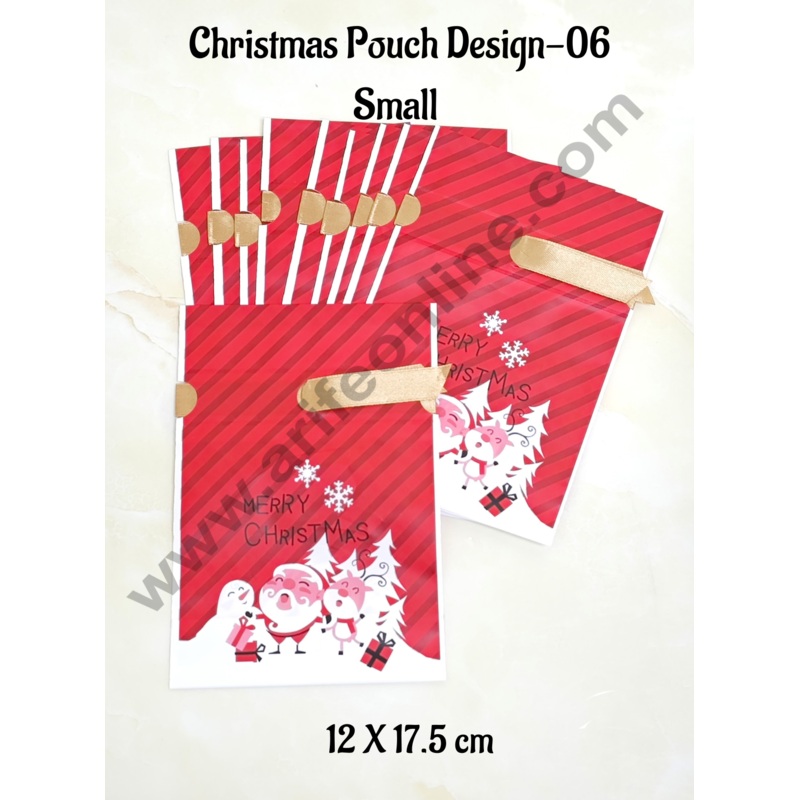 Cake Decor  Small Red Color Christmas Theme Cookie pouch Plastic Drawstring Bag Treat With Ribbon | Design - 06 | Pack of 10 | (12cm X 17.5cm)