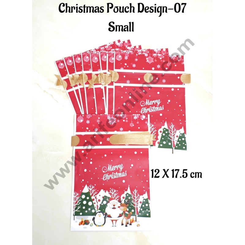 Cake Decor  Small Red Color Christmas Theme Cookie pouch Plastic Drawstring Bag Treat With Ribbon | Design - 07 | Pack of 10 | (12cm X 17.5cm)