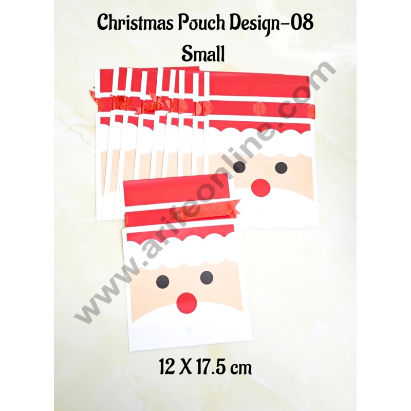 Cake Decor  Small Red Color Christmas Theme Cookie pouch Plastic Drawstring Bag Treat With Ribbon | Design - 08 | Pack of 10 | (12cm X 17.5cm)