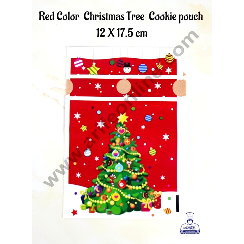 Cake Decor  Small Red Color Christmas Tree  Cookie pouch Plastic Drawstring Bag Treat With Ribbon | Cookie Snack Candy Birthday Party and Gift (Pack of 10)(12cm X 17.5cm)