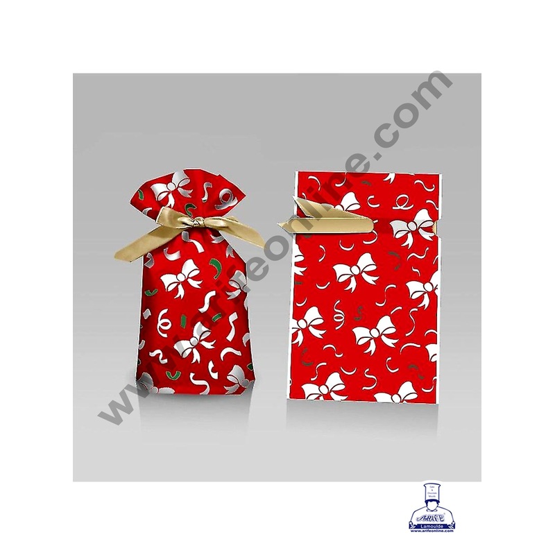 Cake Decor  Small Red Ribbon Ties Christmas Theme Plastic Drawstring Bag Treat With Ribbon | Cookie Snack Candy Birthday Party and Gift (Pack of 10)