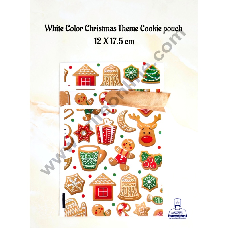 Cake Decor   Small White Color Christmas Theme Cookie pouch Plastic Drawstring Bag Treat With Ribbon | Cookie Snack Candy Birthday Party and Gift (Pack of 10)(12cm X 17.5cm)