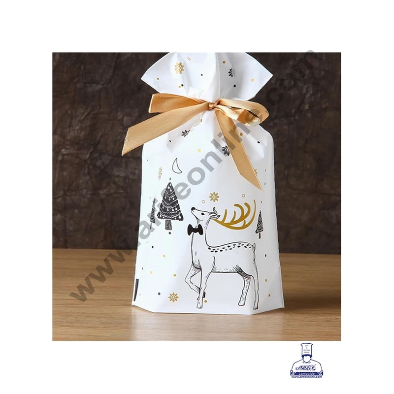 Cake Decor Small White Color Christmas Theme Cookie pouch Plastic Drawstring Bag Treat With Ribbon | Design - 01  | Pack of 10 | (12cm X 17.5cm)