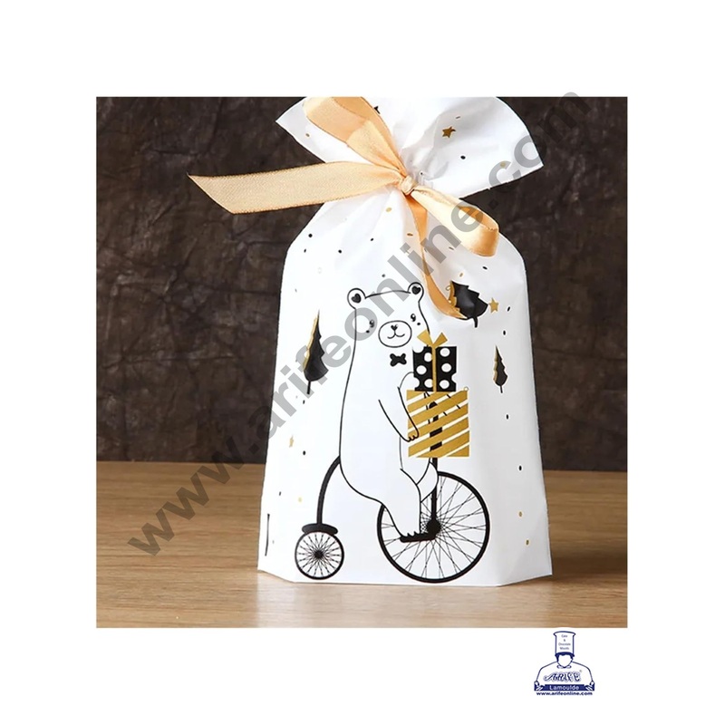 Cake Decor Small  White Color Christmas Theme Cookie pouch Plastic Drawstring Bag Treat With Ribbon | Design - 02  | Pack of 10 | (12cm X 17.5cm)