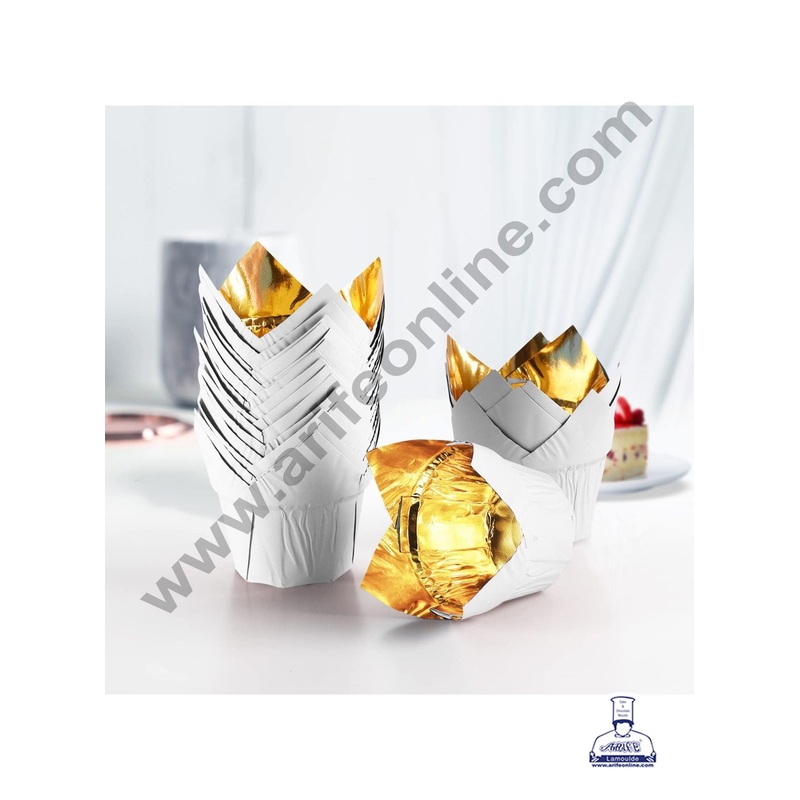 CAKE DECOR White Foil with Golden Lining Tulip Cup Shaped Muffin Mould - (50 Pcs)