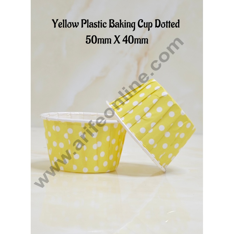 Cake Decor Yellow Plastic Baking Cup Dotted Direct Bake-able Paper Muffin Cups (50mm X 40mm ) (100 Pcs)