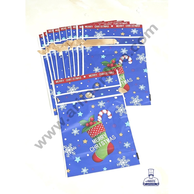 Cake Decor  Big Blue Color Christmas Theme Cookie pouch Plastic Drawstring Bag Treat With Ribbon | Design - 01 | Pack of 10 | (23cm X 15cm)