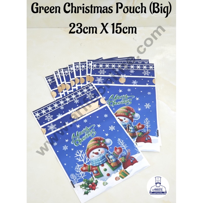 Cake Decor  Big Blue Color Christmas Theme Cookie pouch Plastic Drawstring Bag Treat With Ribbon | Design - 02 | Pack of 10 | (23cm X 15cm)