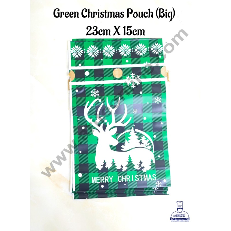 Cake Decor   Big Green Color Christmas Theme Cookie pouch Plastic Drawstring Bag Treat With Ribbon | Design - 12 | Pack of 10 | (23cm X 15cm)