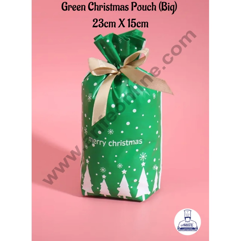Cake Decor   Big Green White Color Christmas Theme Cookie pouch Plastic Drawstring Bag Treat With Ribbon | Design - 01  | Pack of 10 | (23cm X 15cm)